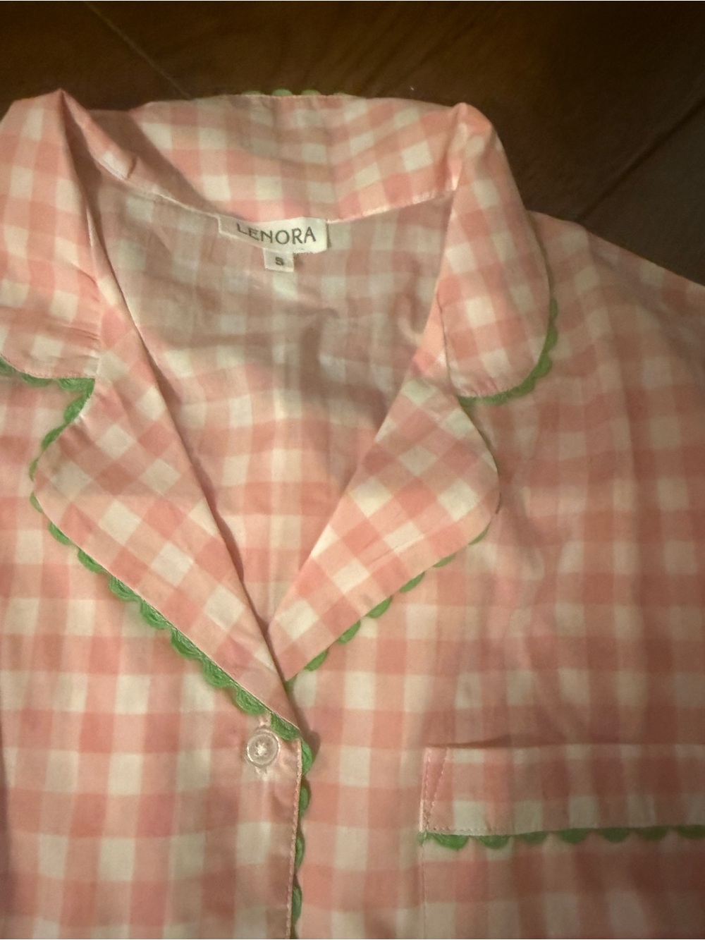Pink Gingham Women’s Pajama Top with Green Trim